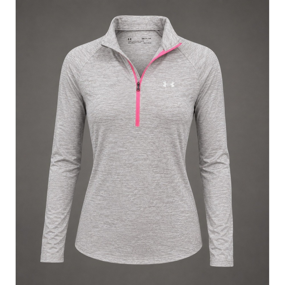 Under Armour Womens HeatGear Quarter Zip Pullover Gray Pink Space Dye Small